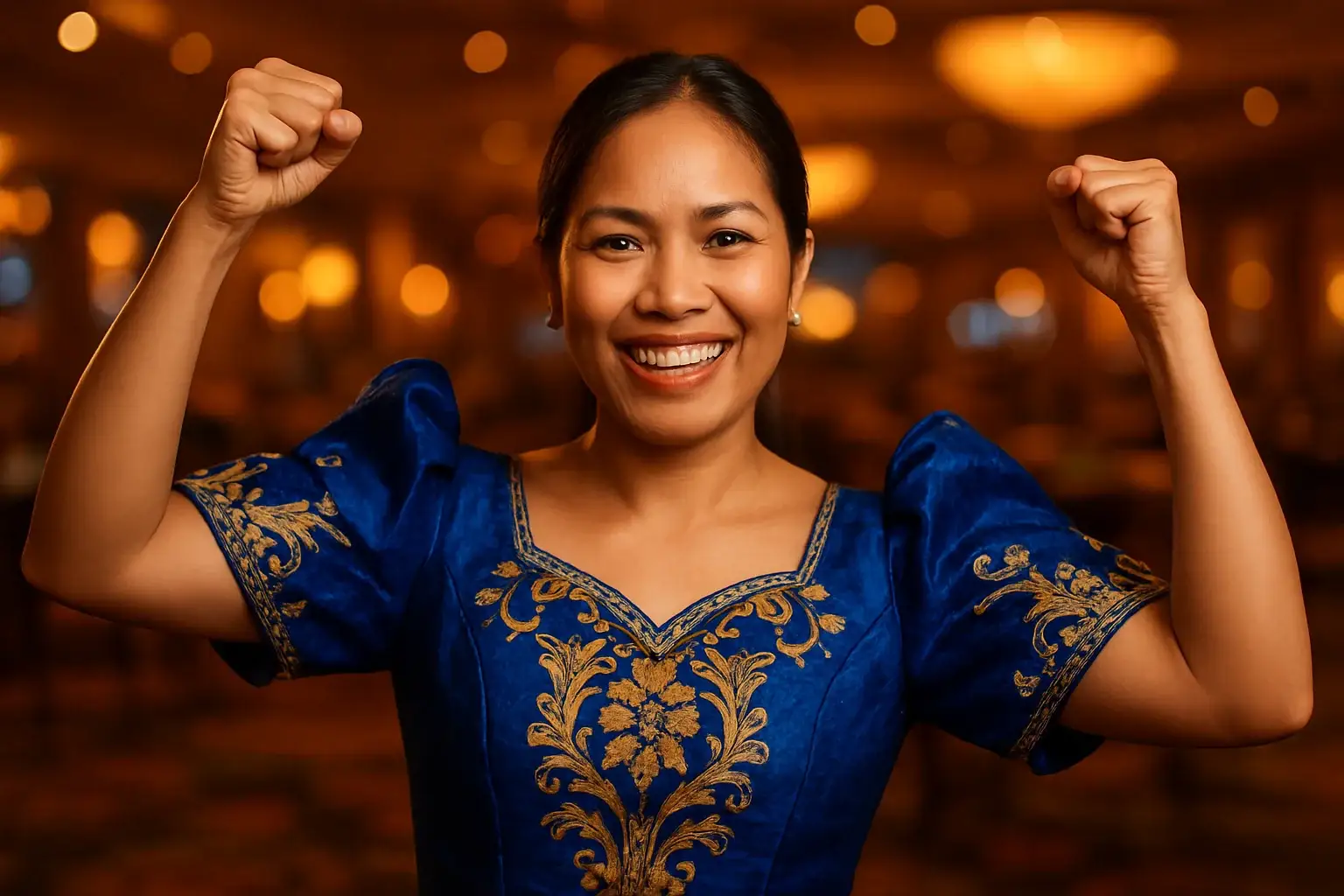 Confident Filipino woman in blue and gold Filipiniana, victory pose in casino lounge