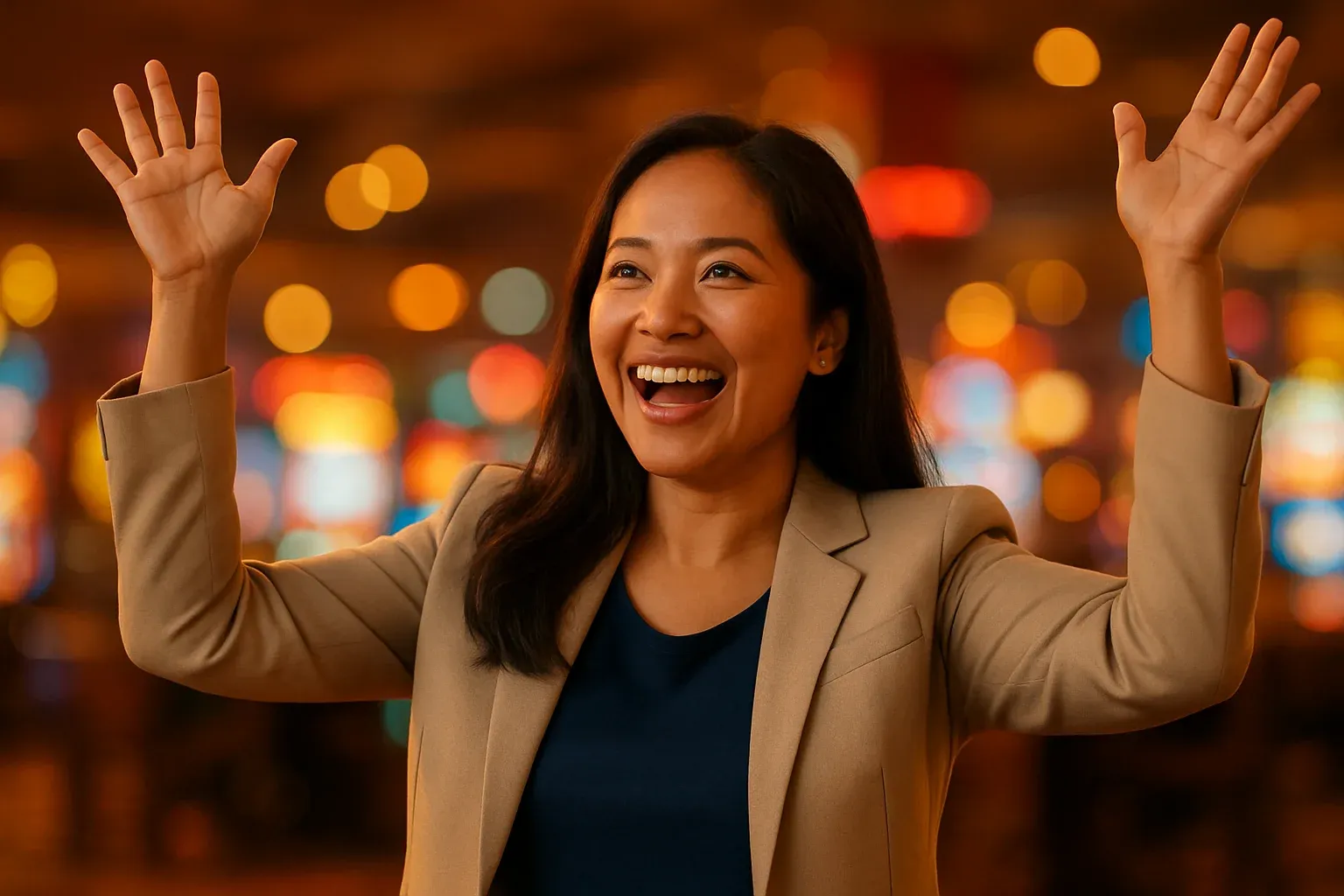 Joyful Filipino woman celebrating win with raised arms in neon casino bar