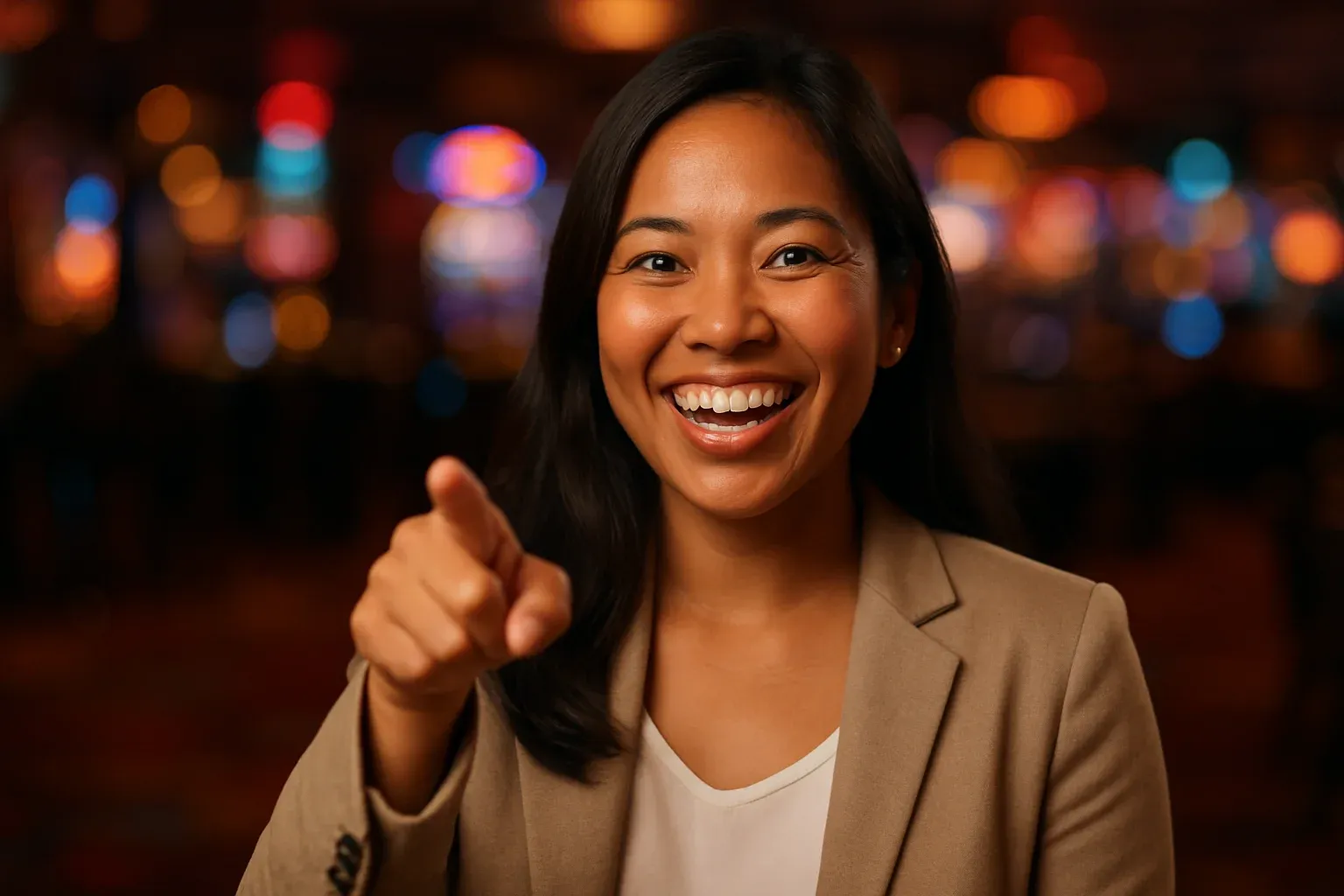 Joyful Filipino woman pointing at camera in neon casino bar background
