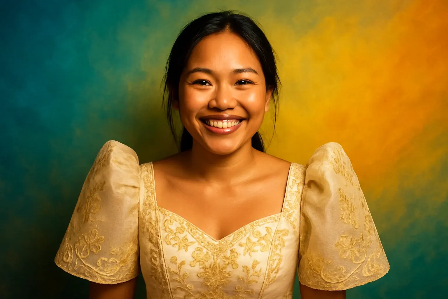 Happy Filipino woman in contemporary Filipiniana outfit on colorful tropical gradient background