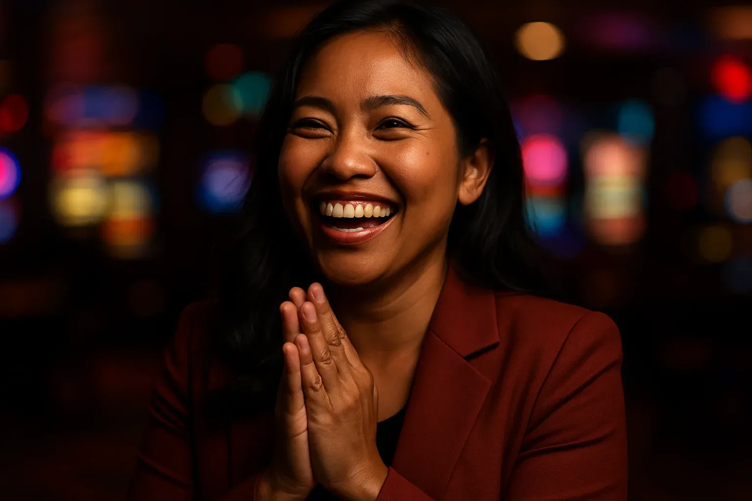 Joyful Filipino woman celebrating with clasped hands, blurred casino bar lights