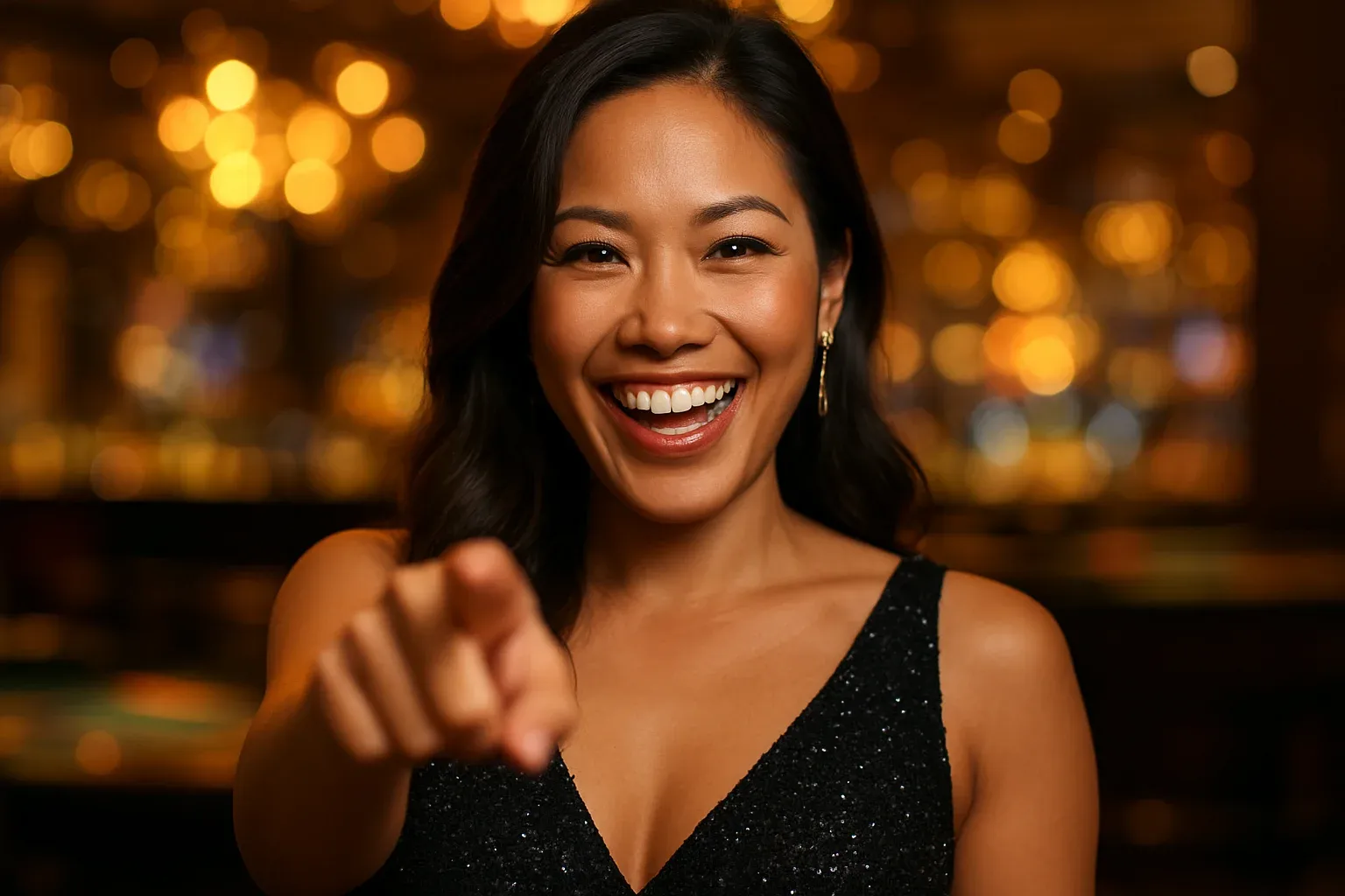 Happy Filipino woman in evening dress pointing forward at casino bar