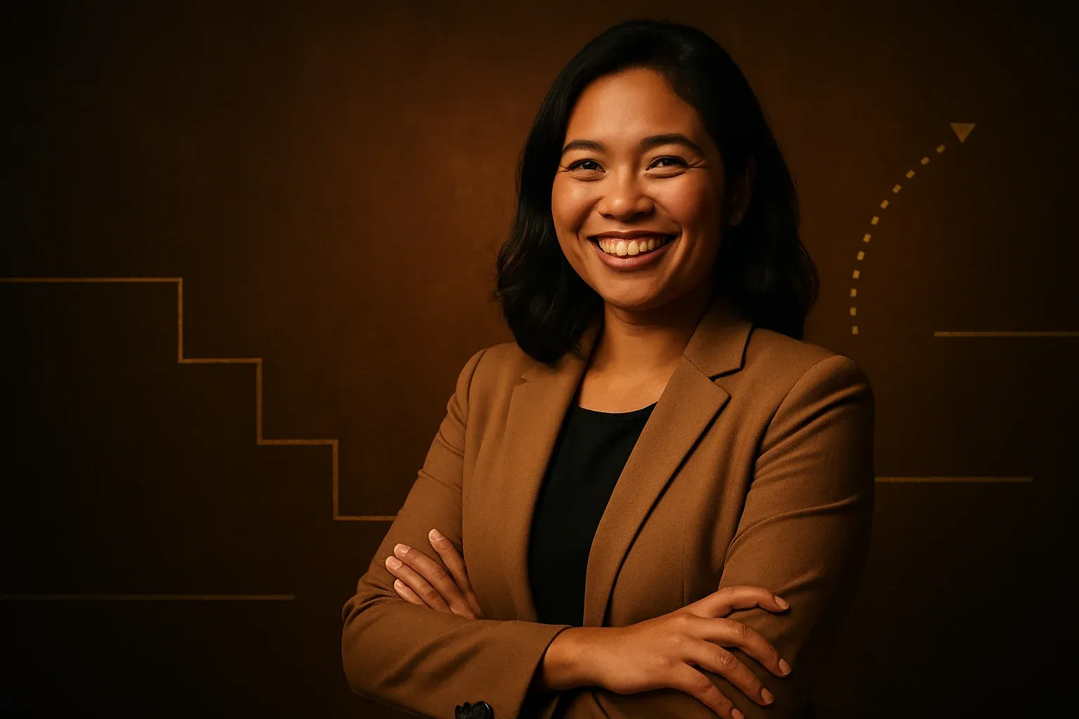 High-resolution portrait of joyful Filipino woman with abstract guide background