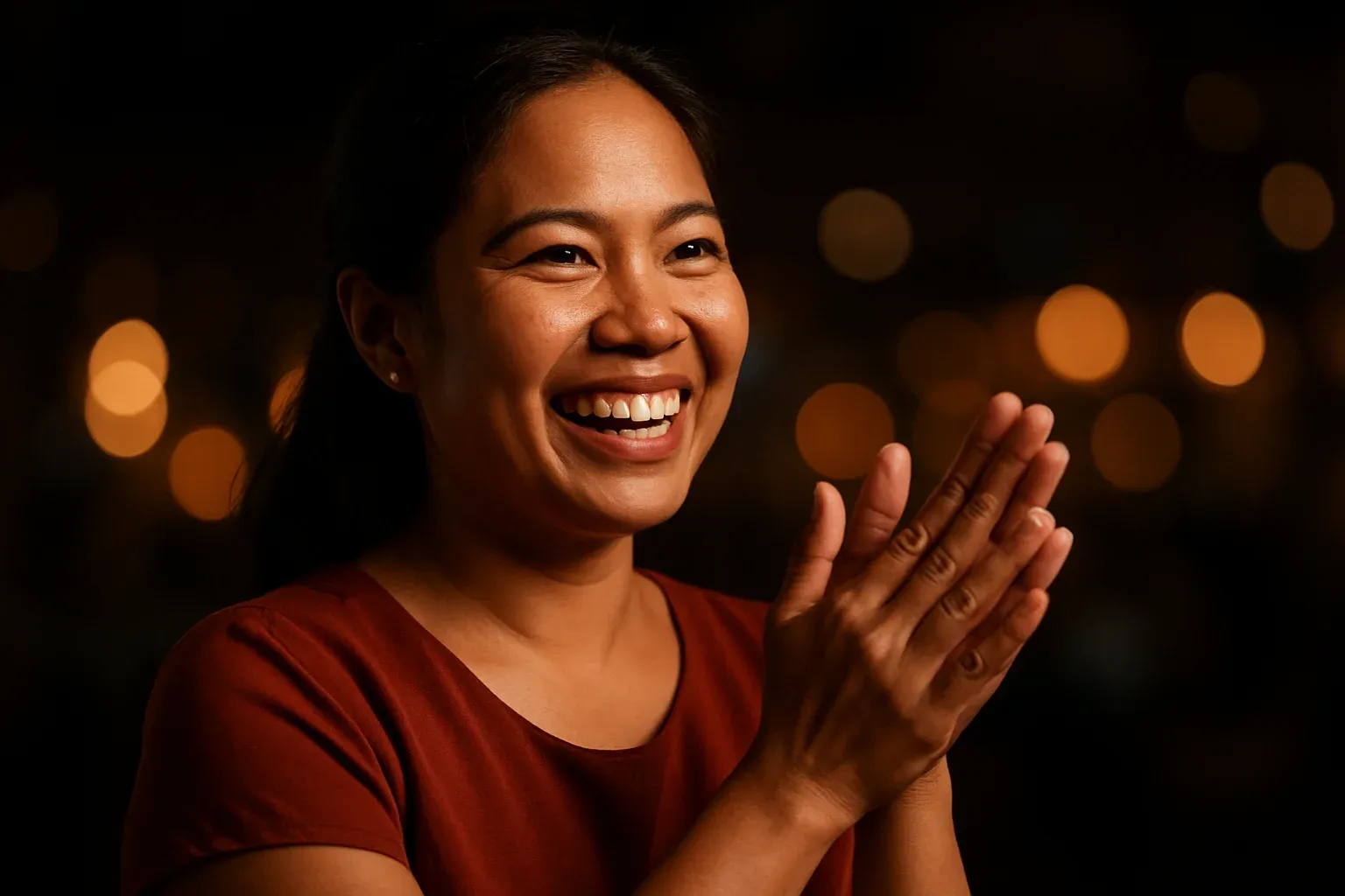 High-resolution portrait of joyful Filipino woman clapping in festive arena lights
