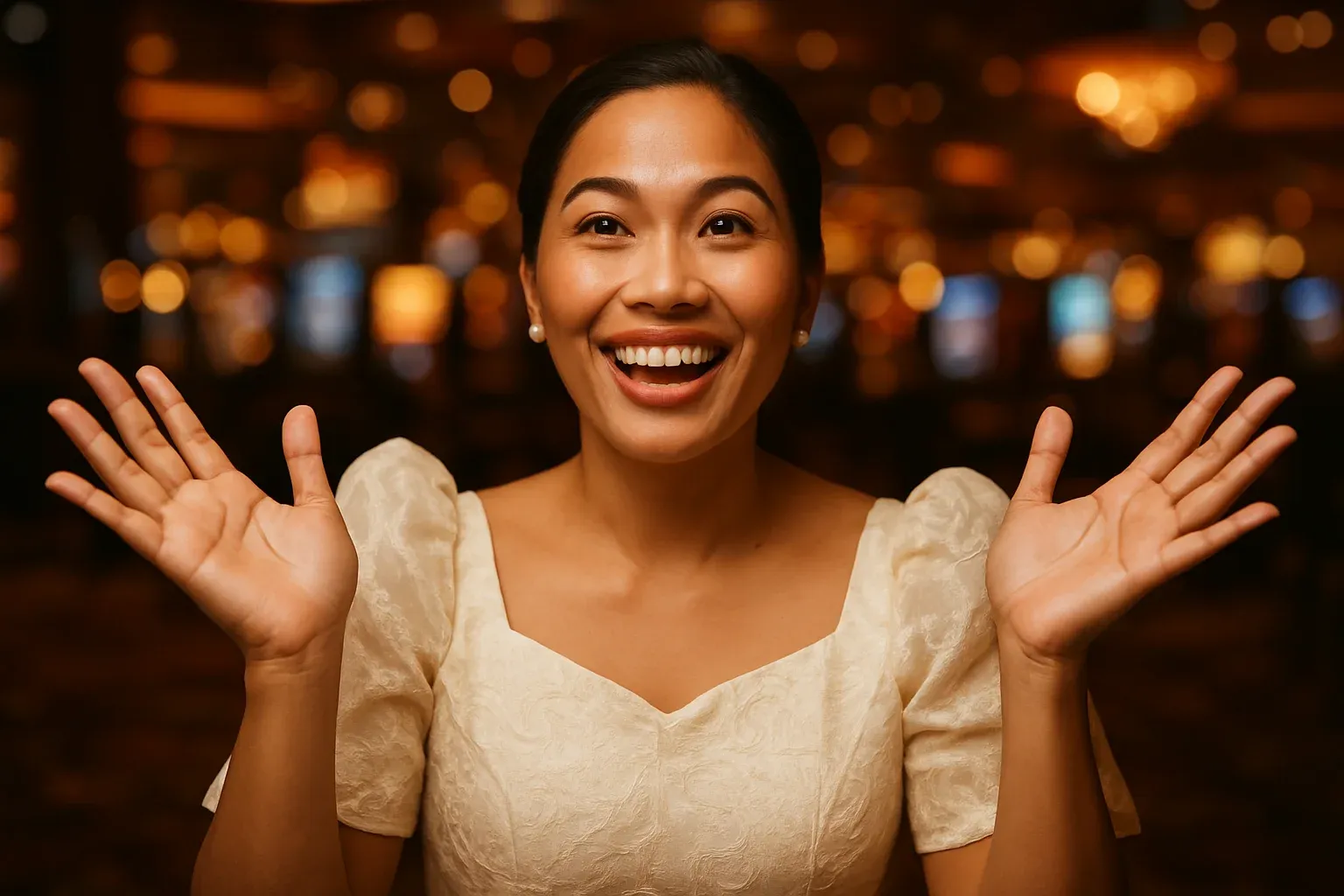 Happy Filipino woman in Filipiniana blouse catching imaginary coins in casino bokeh