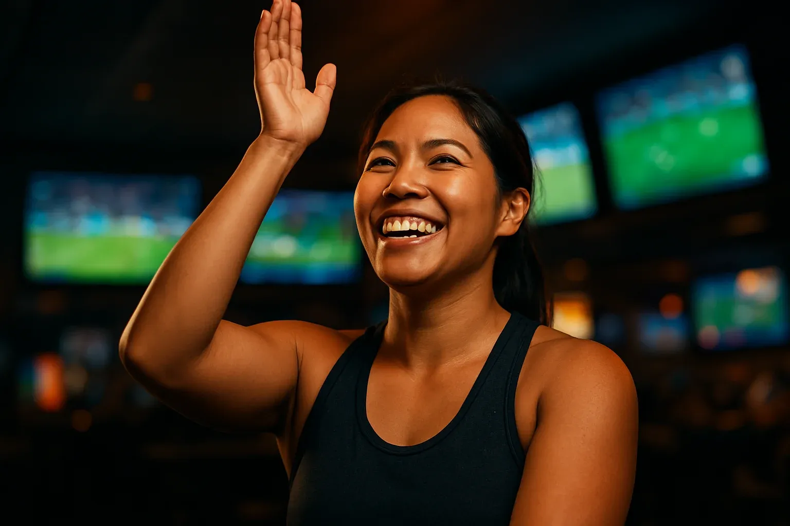 Joyful Filipino woman in sportswear clapping overhead in sports lounge